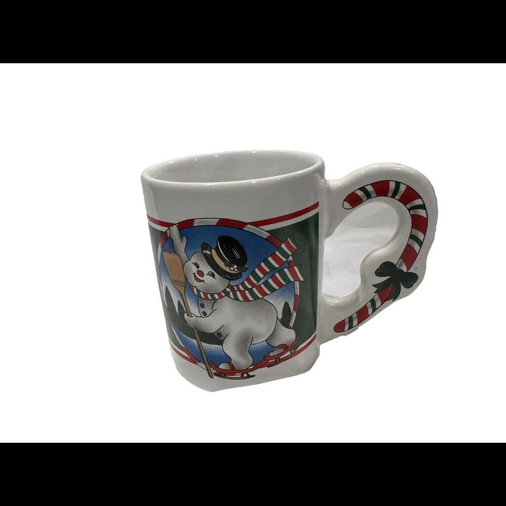 Vintage Snowman On Skis Coffee Mug With Candy Cane On Handle Christmas